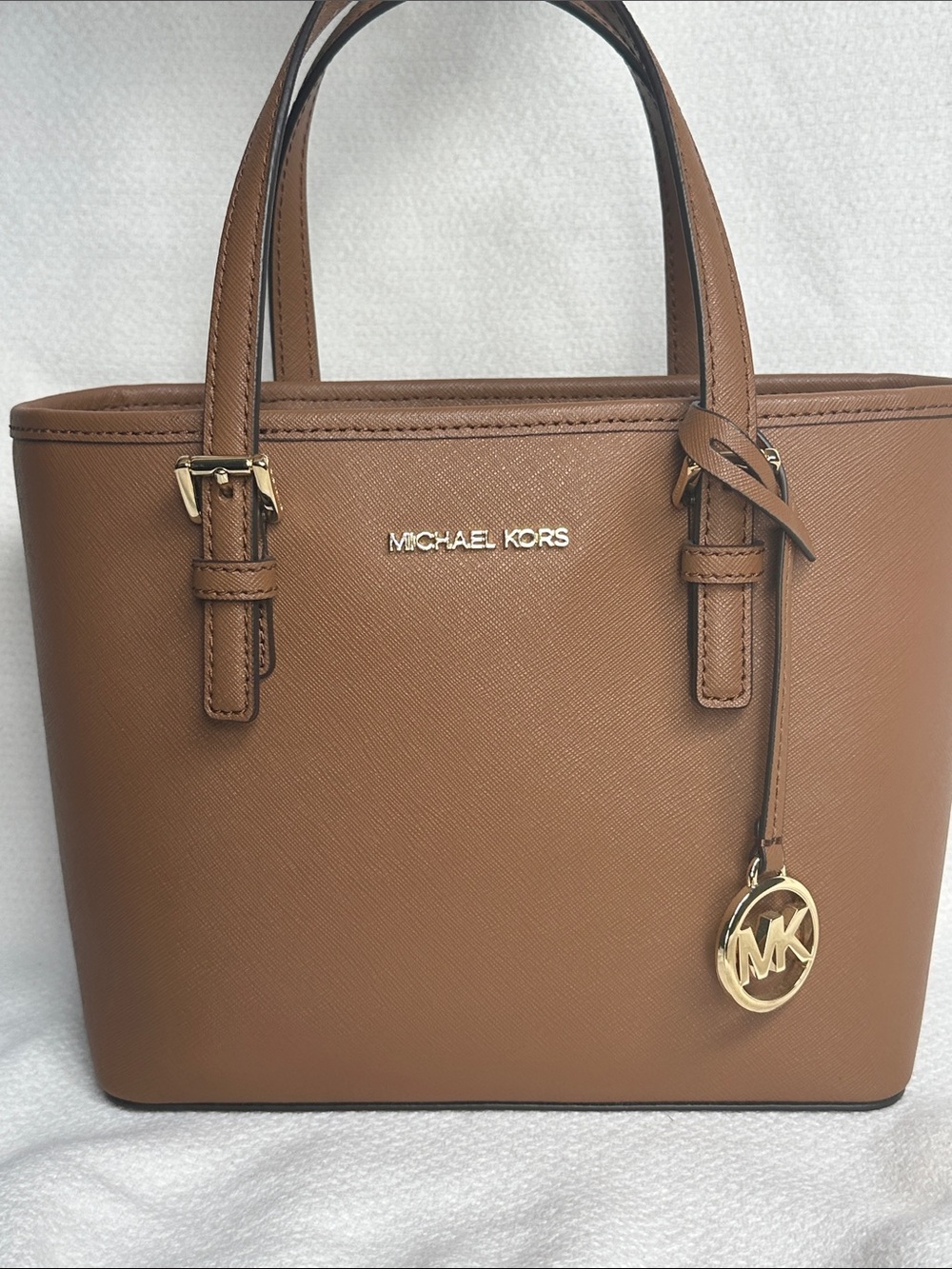 Michael Kors Brown Mini Saffiano Leather Tote with Gold MK Charm